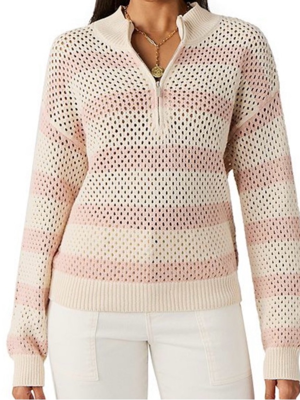 Modern Supply by Sanctuary Half Zip Open Work Striped Knit Sweater Pink Medium - Picture 1 of 7